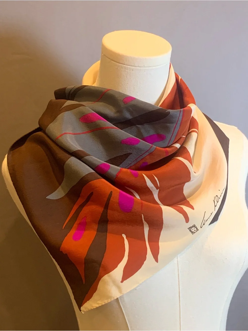 Vintage Anne Klein Silk Scarf Graphic Feather Print